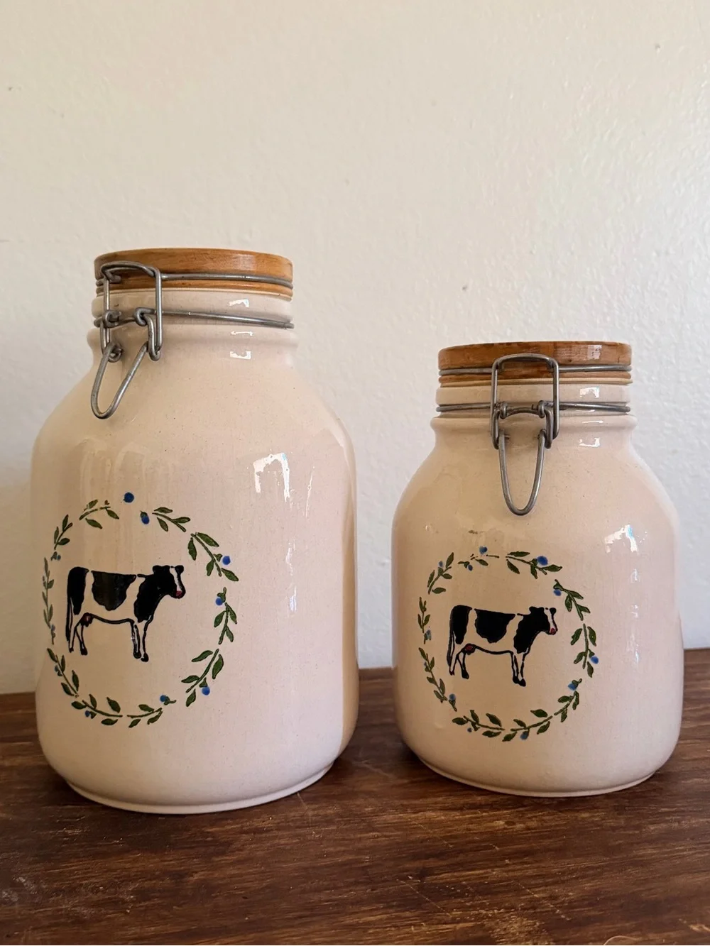 Vintage Cream Ceramic Cow Canisters with Wood Lids